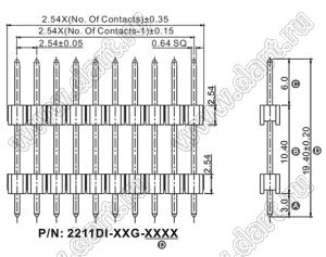 2211DI-20G-1940 (PLH-20, KLS1-218-1-20-S-3.0*6.0*19.4) вилка штыревая открытая прямая с двойным изолятором однорядная на плату для монтажа в отверстия; P=2,54мм; 20-конт.; L=19,4мм