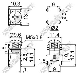 PCB-43(M5)F терминал винтовой для пайки в печатную плату; M5x0,8; латунь луженая; 1мм
