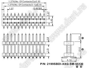 2199SBDI-016G-SM-55130 вилка штыревая открытая прямая двухрядная с двойным изолятором на плату для поверхностного (SMD) монтажа, шаг 1,27x1,27 мм, 2x8 конт.