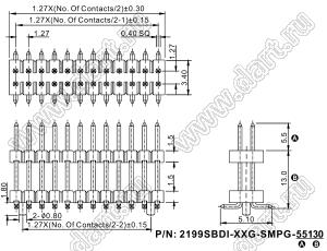 2199SBDI-016G-SMPG-55130 вилка штыревая открытая прямая двухрядная с двойным изолятором на плату для поверхностного (SMD) монтажа, шаг 1,27x1,27 мм, 2x8 конт. с направляющими в плату