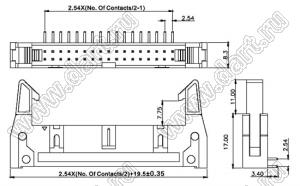 2216R-16-02 (SCM-16R-02, DS1011-16R-02, IDCC-16MR-02) вилка закрытая угловая с длинными защелками для монтажа в отверстия; шаг=2,54x2,54мм; 2x8-конт.