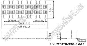 2200TB-32GG-SM-23 розетка прямая двухрядная (гнездо) для поверхностного (SMD) монтажа на плату с обратным входом, шаг 1,27x1,27мм, h=2,3мм; 2x16конт.