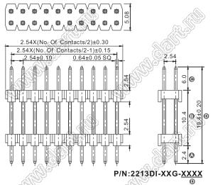 2213DI-10G-1940 (PLHD-10, KLS1-218-2-10-S-3.0*6.0*19.4) вилка штыревая открытая прямая с двойным изолятором двухрядная на плату для монтажа в отверстия; шаг 2.54мм; P=2,54x2,54мм; 2x5-конт.; L