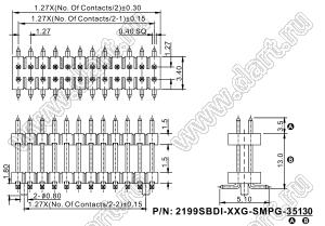 2199SBDI-016G-SMPG-35130 вилка штыревая открытая прямая двухрядная с двойным изолятором на плату для поверхностного (SMD) монтажа, шаг 1,27x1,27 мм, 2x8 конт. с направляющими в плату