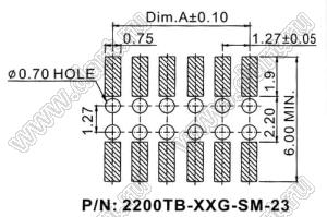 2200TB-12GG-SM-23 розетка прямая двухрядная (гнездо) для поверхностного (SMD) монтажа на плату с обратным входом, шаг 1,27x1,27мм, h=2,3мм; 2x6конт.