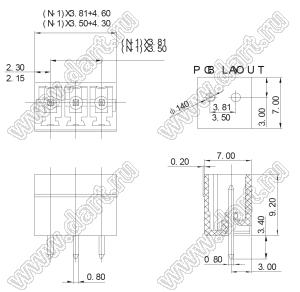 KF2EDGV-3.81-18P-14 вилка однорядная прямая на плату; шаг=3,81мм; I max=8/7А (UL/ICT); U=300/250В (UL/ICT); 18-конт.