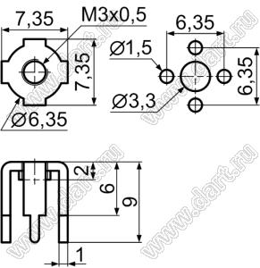 PCB-49(M3) терминал винтовой для пайки в печатную плату; M3x0,5; латунь луженая; 1мм