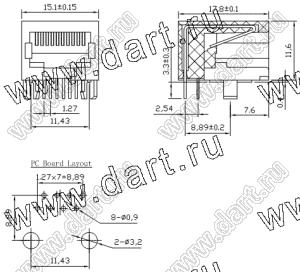 5611-08-200-101-L (TJ4-8P8C)-SOCKET розетка RJ-45 на плату экранированная, 8 позиций, 8 контактов