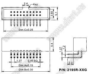 2195R-100G (BH1.27R-100) вилка закрытая угловая на плату для монтажа в отверстия, шаг 1,27 мм x 1,27мм; шаг 1,27x1,27мм; 2x50-конт.