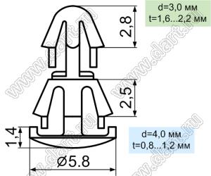 RCO-2.5L фиксатор платы с двумя защелками; D=3,0мм; S=1,6...2,2мм; d отв.=4,0мм; t=0,8...1,2мм; нейлон-66; натуральный