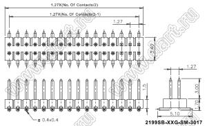 2199SB-26G-SM-3017 (PLLD1.27-26S) вилка штыревая открытая прямая двухрядная на плату для поверхностного (SMD) монтажа, шаг 1,27x1,27мм, 2x13конт.
