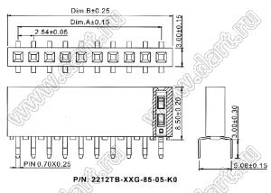 2212TB-23G-85-05-K0 розетка однорядная прямая (гнездо) на плату для монтажа в отверстия, высота изолятора 8,5 мм; 23-конт.; P=2,54мм