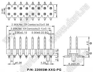 2208SM-62G-PG вилка SMD прямая двухрядная с направляющими в плату, шаг 2,0 мм, 2х31конт.