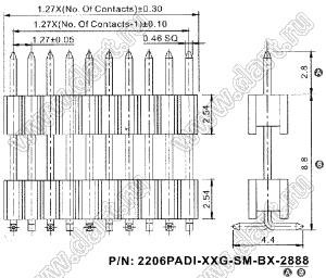 2206PADI-23G-SM-B2-2888 вилка открытая прямая однорядная приподнятая на плату для поверхностного (SMD) монтажа; 23-конт.; P=1,27x2,54мм