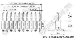 2206PA-12G-SM-B1-2833 (PLL1.27-12S) вилка открытая прямая однорядная на плату для поверхностного (SMD) монтажа; шаг 1,27 x 2,54 мм; (1x12) конт.