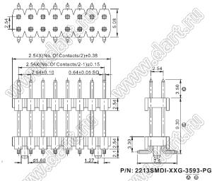 2213SMDI-74G-PG вилка открытая прямая двухрядная с двойным изолятором и направляющими на плату для поверхностного (SMD) монтажа; шаг 2,54 x 2,54 мм; (2x37) конт.