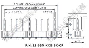 2210SM-17G-B1-CP вилка открытая прямая однорядная на плату для поверхностного (SMD) монтажа с захватом; шаг 2,00 x 2,00 мм; (1x17) конт.