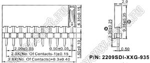 2209SDI-38G-935 розетка прямая однорядная с двойным изолятором (гнездо) на плату для монтажа в отверстия, шаг 2,00 мм А=3,8мм, В=9,35мм, 38 конт.