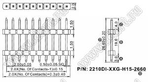 2210DI-22G-H15-2660 вилка открытая прямая с двойным изолятором однорядная на плату для монтажа в отверстия; P 2,0мм; 22-конт.