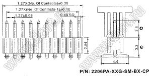 2206PA-27G-SM-B2-2833-CP вилка открытая прямая однорядная на плату для поверхностного (SMD) монтажа с захватом; шаг 1,27 x 2,54 мм; (1x27) конт.