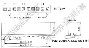 2200SA-12G-SM3-B1 розетка прямая однорядная (гнездо) для поверхностного (SMD) монтажа на плату; P=1,27мм; 12-конт.