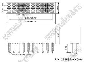 2200SB-46G-A1 (PBD1.27-46) розетка прямая двухрядная (гнездо) на плату для монтажа в отверстия, шаг 1,27x1,27мм, A1=2,20 мм, 2x23конт.