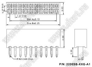 2200SB-36G-A1 (PBD1.27-36) розетка прямая двухрядная (гнездо) на плату для монтажа в отверстия, шаг 1,27x1,27мм, A1=2,20 мм, 2x18конт.