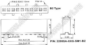 2200SA-19G-SM1-B2 розетка прямая однорядная (гнездо) для поверхностного (SMD) монтажа на плату; P=1,27мм; 19-конт.