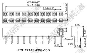 2214S-22G-36D розетка двухрядная прямая (гнездо) на плату для монтажа в отверстия, высота изолятора 3,6 мм; шаг 2,54 x 2,54 мм