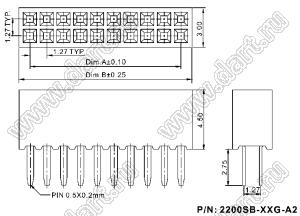 2200SB-60G-A2 розетка прямая двухрядная (гнездо) на плату для монтажа в отверстия, шаг 1,27x1,27мм, A1=1,75 мм, 2x30конт.