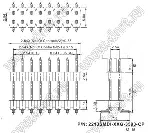 2213SMDI-24G-CP вилка открытая прямая двухрядная с двойным изолятором на плату для поверхностного (SMD) монтажа с захватом; шаг 2,54 x 2,54 мм; (2x12) конт.