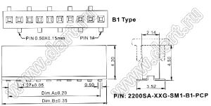 2200SA-26G-SM1-B1-PCP розетка прямая однорядная (гнездо) с захватом для поверхностного (SMD) монтажа на плату; P=1,27мм; 26-конт.