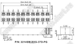 2214SM-38G-37D-PG розетка двухрядная прямая с направляющими на плату для поверхностного (SMD) монтажа, высота изолятора 3,7 мм; 38-конт.; P=2,54мм