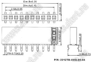 2212TB-14G-85-04 розетка однорядная прямая (гнездо) на плату для монтажа в отверстия, высота изолятора 8,5 мм; 14-конт.; P=2,54мм