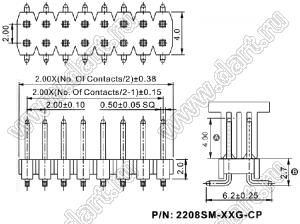 2208SM-14G-4027-CP (PLD2-2x7SMD, Molex 87759-1464) вилка открытая прямая двухрядная на плату для поверхностного (SMD) монтажа с захватом; P=2.00x2.00; 14-конт.