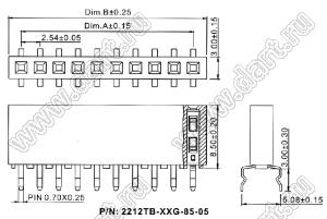 2212TB-30G-85-05 розетка однорядная прямая (гнездо) на плату для монтажа в отверстия, высота изолятора 8,5 мм; 30-конт.; P=2,54мм