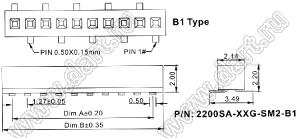 2200SA-38G-SM2-B1 розетка прямая однорядная (гнездо) для поверхностного (SMD) монтажа на плату; P=1,27мм; 38-конт.