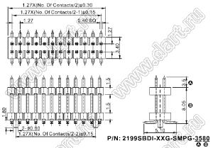 2199SBDI-076G-SMPG-3580 вилка штыревая открытая прямая двухрядная с двойным изолятором и направляющими в плату для поверхностного (SMD) монтажа; шаг 1,27 x 1,27 мм; (2x38) конт.