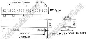 2200SA-07G-SM2-B2 розетка прямая однорядная (гнездо) для поверхностного (SMD) монтажа на плату; P=1,27мм; 7-конт.