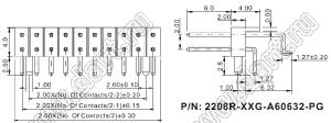 2208R-72G-A60632-PG вилка открытая угловая двухрядная с направляющими на плату для монтажа в отверстия и SMD; шаг 2,00 x 2,00 мм; (2x36) конт.