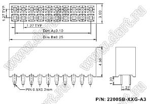 2200SB-06G-A3 розетка прямая двухрядная (гнездо) на плату для монтажа в отверстия, шаг 1,27x1,27мм, A1=1,20 мм, 2x3конт.