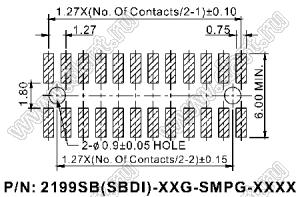 2199SBDI-060G-SMPG-3580 вилка штыревая открытая прямая двухрядная с двойным изолятором и направляющими в плату для поверхностного (SMD) монтажа; шаг 1,27 x 1,27 мм; (2x30) конт.