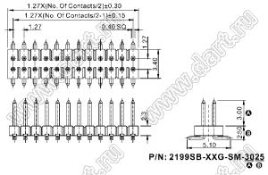 2199SB-30G-SM-3025 (PLLD1.27-30S) вилка штыревая открытая прямая двухрядная на плату для поверхностного (SMD) монтажа, шаг 1,27x1,27мм, 2x15конт.