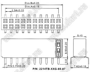 2214TB-36G-85-07 розетка двухрядная прямая на плату для монтажа в отверстия; 36-конт.; P=2,54мм