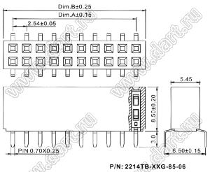 2214TB-14G-85-06 розетка двухрядная прямая на плату для монтажа в отверстия; 14-конт.; P=2,54мм