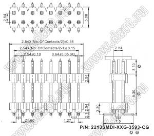 2213SMDI-18G-CG вилка открытая прямая двухрядная с двойным изолятором на плату для поверхностного (SMD) монтажа с захватом; шаг 2,54 x 2,54 мм; (2x9) конт.