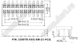 2200TB-090G-SM-23-PCG розетка прямая двухрядная (гнездо) на плату для поверхностного (SMD) монтажа с направляющими, с обратным входом и захватом; шаг 1,27 x 1,27 мм; (2x45) конт.