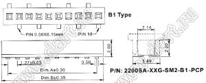 2200SA-16G-SM2-B1-PCP розетка прямая однорядная (гнездо) с захватом для поверхностного (SMD) монтажа на плату; P=1,27мм; 16-конт.
