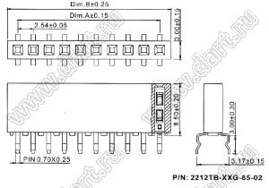 2212TB-19G-85-02 розетка однорядная прямая (гнездо) на плату для монтажа в отверстия, высота изолятора 8,5 мм; 19-конт.; P=2,54мм