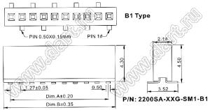 2200SA-09G-SM1-B1 розетка прямая однорядная (гнездо) для поверхностного (SMD) монтажа на плату; P=1,27мм; 9-конт.